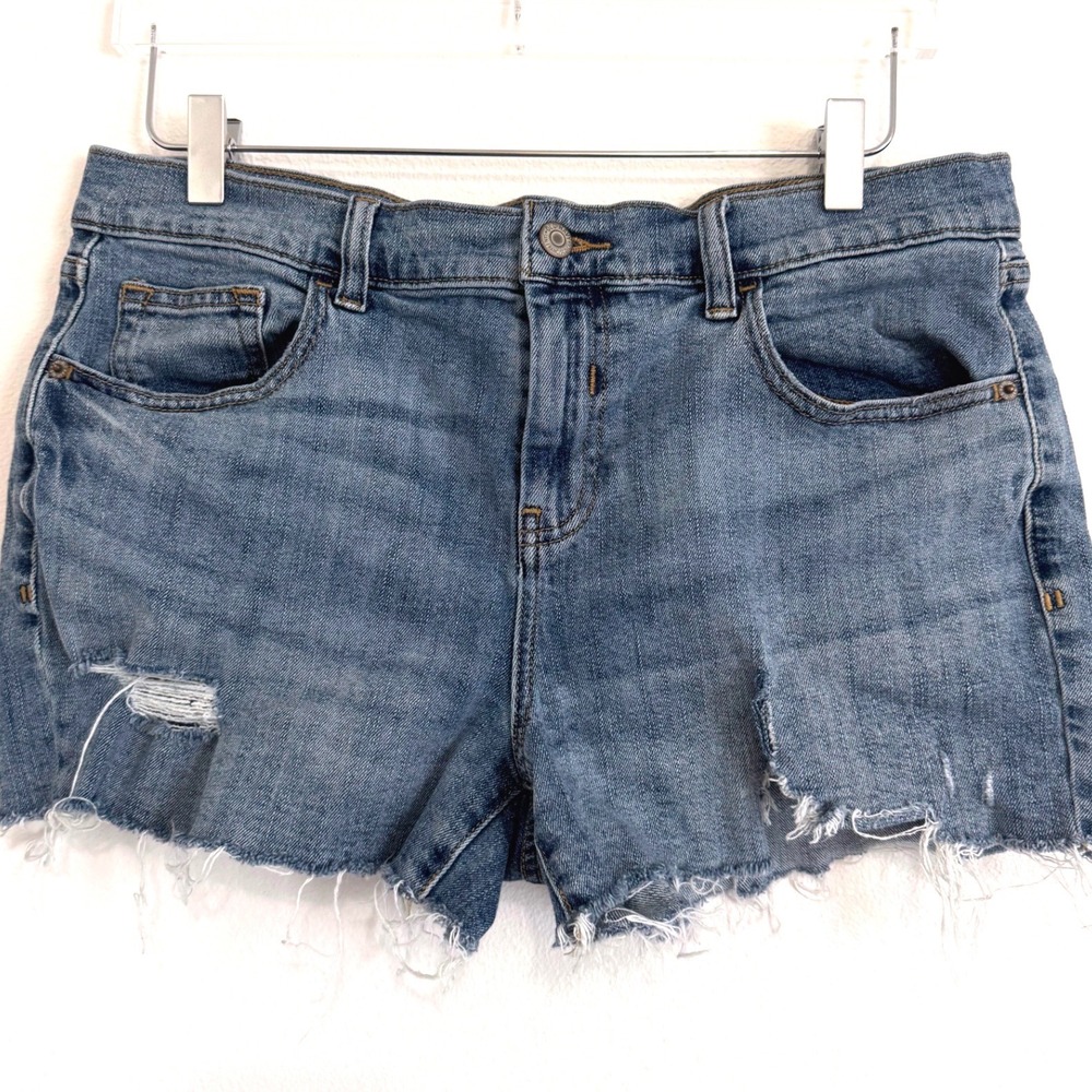 Old Navy Mid-Rise Distressed Boyfriend Denim Shorts - Raw Hem Blue Cut-Offs